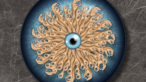 Kaleidoscopic eye with grotesque and bizarre hands 