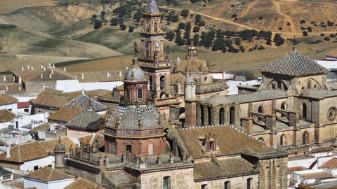 Aerial view of Carmona, province of Seville, Andalusia, Spain. Flying over Church of St. Peter San Pedro and cityscape in Carmona