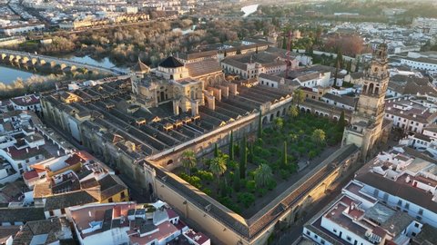 Aerial view of Gardens of the Alcazar of Cordoba, Spain. Flying over Mosque-Cathedral in Cordoba, Spain