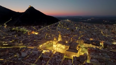 Aerial view of Jaen Cathedral after sunset. Jaen, Andalucia, Spain