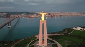 Drone flight around the statue of Jesus Christ in Lisbon. Jesus monument