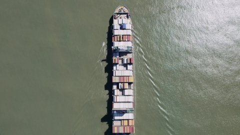 Container Cargo Ship Aerial View, Import Export Business Logistics and International Transport by Container Ship in Open Sea. 4K