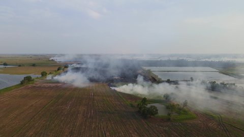 Aerial footage sliding to the left revealing a burning farmland and pools of water reverved for the summer, Grassland Burning, Pak Pli, Nakhon Nayok, Thailand.