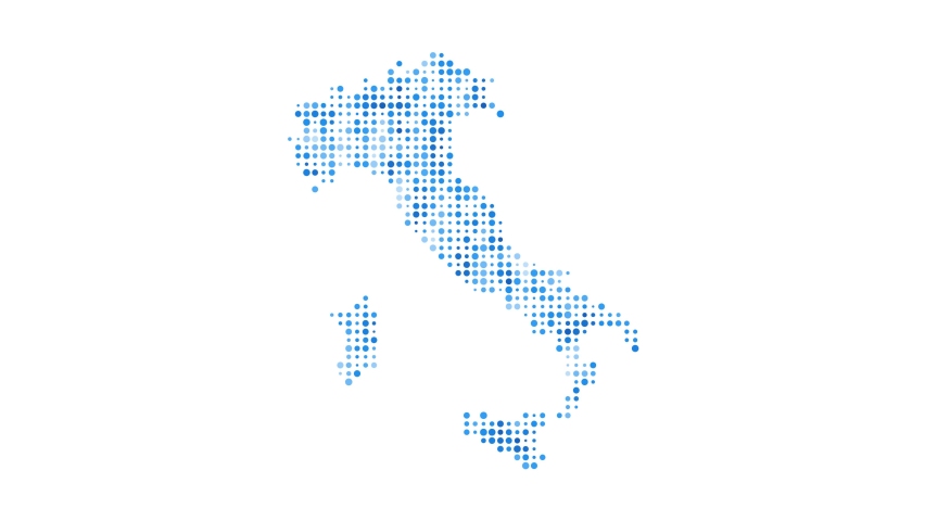 Italy dotted digital map. Map of Italy with pulsating colored circles. Shape of the country filled with blue disks. Stylish video.