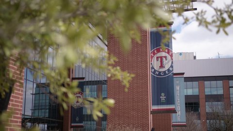 Arlington, TX - March 30, 2022: MLB Baseball Texas Rangers' Globe Life Field banner on building