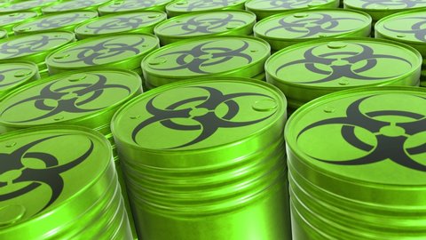 Realistic tracking camera looping 3D animation of the green toxic waste barrels with Biological hazard or Biohazard symbol rendered in UHD