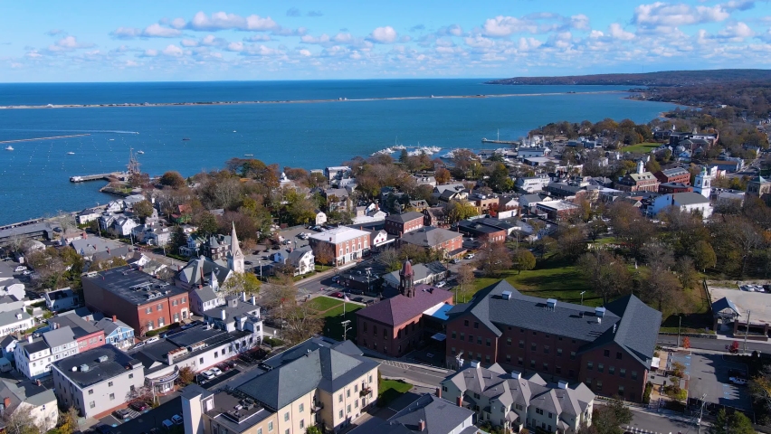 Plymouth Bay and Plymouth Village Historic District aerial view in town center of Plymouth, Massachusetts MA, USA.  Royalty-Free Stock Footage #1088838725