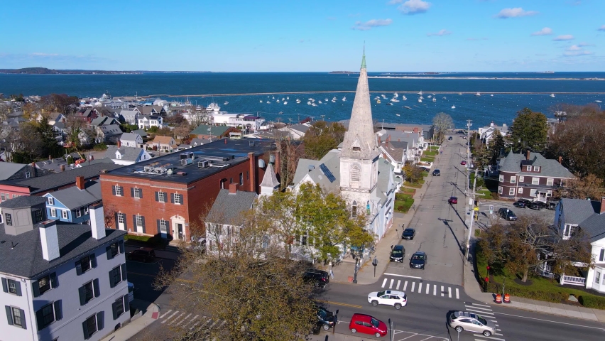 Plymouth Bay and Plymouth Village Historic District aerial view in town center of Plymouth, Massachusetts MA, USA.  Royalty-Free Stock Footage #1088838733