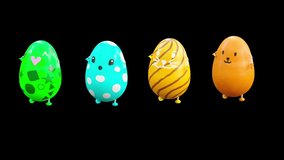 Easter Day, Happy Easter, eggs Dancing, 3d rendering, Animation Loop composition 3d mapping cartoon, included in the end of the clip with Alpha matte.