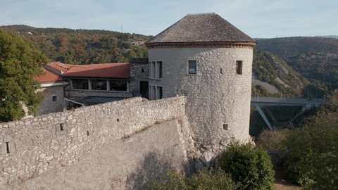 RIJEKA, CROATIA - October 02, 2021 Aerial view of the Trsat castle of old city port at the river Rijecina firth.