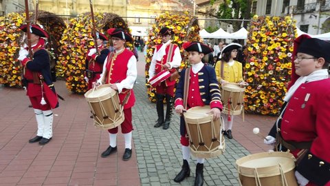 TIMISOARA, ROMANIA - April 21, 2019: TIMFLORALIS international flower festival. Parade of changing the guard. Period costumes