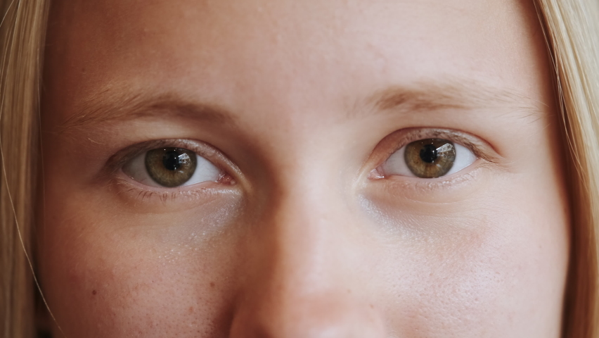 Eyes looking in camera, face close up portrait of young woman with blond hair. Female portrait in natural light, concept of beauty and fashion, natural make-up. Gaze, intent look, sense of purpose