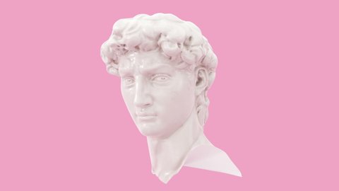 Digital Rotate of David head on pink background. Sculpture David 3D head Rotate Animation. 3D animation. 4K. Ultra high definition. 3840x2160.
