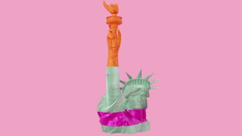 3d glitch of Statue of Liberty head on pink background. Sculpture Statue of Liberty 3D Glitch Animation. 3D animation. 4K. Ultra high definition. 3840x2160.