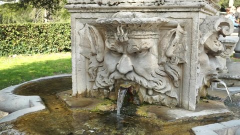 Rome, Italy - March 26, 2022, detail of a travertine bas-relief with a satyr motif from which water flows, in a fountain in front of the Borghese Gallery, in the park of Villa Borghese.