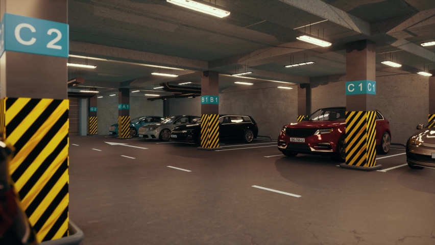 Underground parking with cars. Modern underground parking. Indoor full modern parking Royalty-Free Stock Footage #1088845331