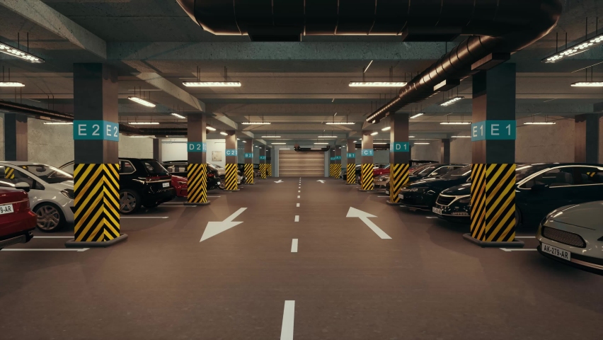Underground parking with cars. Modern underground parking. Indoor full modern parking Royalty-Free Stock Footage #1088845337