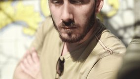 Mindfulness breathing of bearded young caucasian male after a panic attack releasing tension and letting go fear and anxiety - Powered by Shutterstock - Get 15% off with code: PIKWIZARD15