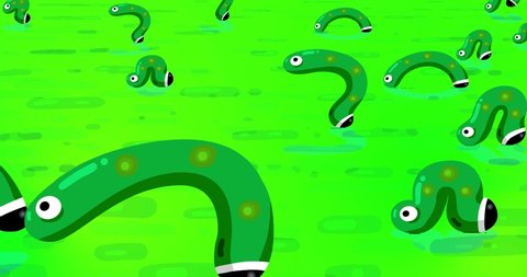 Cartoon green worm caterpillar herd loop with green ground background. Cute character animals walking from right to left. Greeen and dots. They are a nice society of baby insects. Business metaphor.