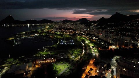 RIo de Janeiro Brazil. Sunset aerial view of Rio de Janeiro Brazil. Panoramic sunset of downtown district of Rio de Janeiro Brazil. Tourism landmark of city. Famous Rio de Janeiro capital city.