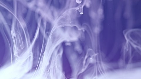 Abstract video with splash of white and pink paint in the water. Fluid textures of colored smoke in slow motion. Splashes of ink on purple background.