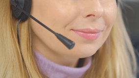 Call center operator talking to client. IT specialist in headset speaking with customer. Friendly online support staff speaks in microphone