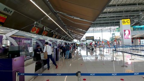Bangkok, Thailand, 03, July, 2021:
Check-in counters at Bangkok airport, passengers receive tickets and check in luggage