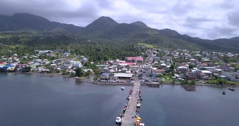 4K Aerial Footage View to the Green and Natural Portsmouth Coastline and Dock of the Dominica Island, Caribbean Sea	
