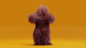 Hairy Monster Dancing clip isolated on orange background. hip hop, oriental dance, fur bright funny fluffy character, fur, full hair, Chewbacca, snowman, 3d render. Sneaking out.