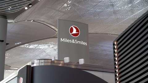 Istanbul, Turkey - February 2020: Miles and Smiles signage of Turkish Airlines in Istanbul Airport