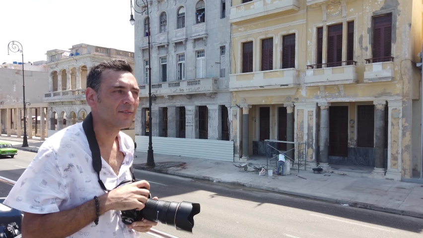 Havana, Cuba. Tourist man enjoy vacation around the streets in Havana City in Cuba. 4k Cuba vlog footages.