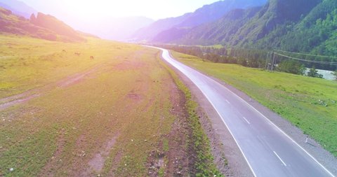 Aerial UHD 4K view. Low air flight over mountain asphalt highway road and meadow at sunny summer morning. Near green trees. Fast horizontal movement with sun rays.