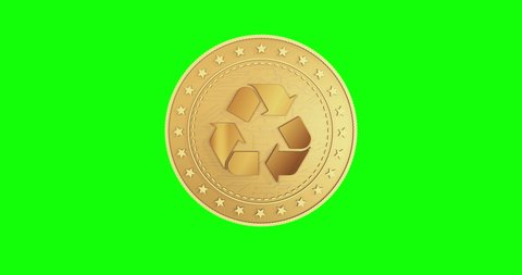 Recycling, ecology, e-waste and money circulation isolated gold coin on green screen loopable background. Rotating golden metal looping abstract concept. 3D loop seamless animation.