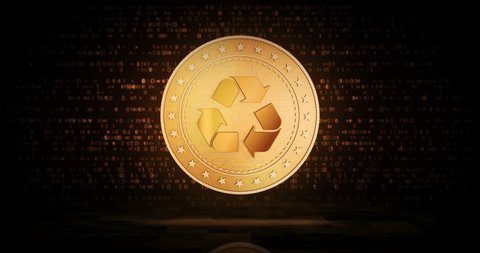 Recycling, ecology, e-waste and money circulation gold coin on loopable digital background. 3D seamless loop concept. Rotating golden metal looping abstract animation.