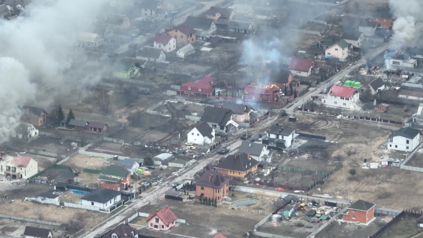 War of Ukraine against Russia. A Russian tank destroys an allied unit of military equipment. Explosion of military equipment. Ukraine Kyiv region Dmytrivka Apr 2022