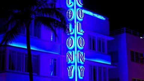 Colorful Colony Hotel on Ocean Drive at South Beach Miami by night - MIAMI, USA - FEBRUARY 14, 2022