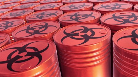 Realistic tracking camera looping 3D animation of the red toxic waste barrels with Biological hazard or Biohazard symbol rendered in UHD