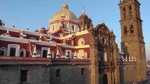 Cathedral de Puebla aerial drone shot of Central Iglesia in Puebla de Zaragoza, Mexico, Zocalo square