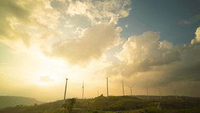 4K Time-lapse video Windmill generator electric power park Eco power park system. Sunset sky background. 4k 3840x2160p