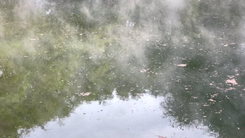 Sulphurous steam rises off a geothermal lake in Rotorua, New Zealand