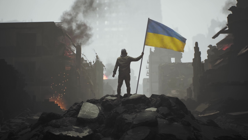 Ukrainian War Civilian Soldier Man Holding Ukraine Flag amid Destruction Devastation Piece Talks Rebuilding Renew Violence Invasion Resistance Concept