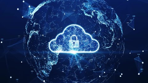 cloud computing technology database security concept Backup transfer. There is a large cloud icon in the center prominently in an abstract world and a slow moving polygon with a dark blue background.