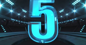 Countdown before sports match from ten to one in the middle of blue stadium with glowing spotlights. Last part is without number for adding your content. Sports virtual arena in 4k video animation.