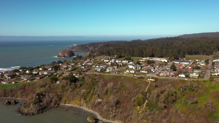 Trinidad California, a small town at the Northern California coast. Aerial flyover. Royalty-Free Stock Footage #1088872103