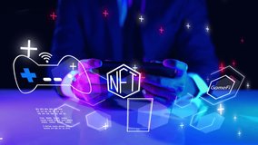 GameFi DeFi futuristic NFT Game decentralized finance play to earn, online digital technology. Man and mobile phone, graphic icon modern game business investment idea - Powered by Shutterstock - Get 15% off with code: PIKWIZARD15