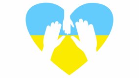 Animated yellow and blue pounding heart with hand. Yellow and blue flag of Ukraine in the shape of a heart. Looped video of beating heart. Concept of life of ukraine people, life of children. 