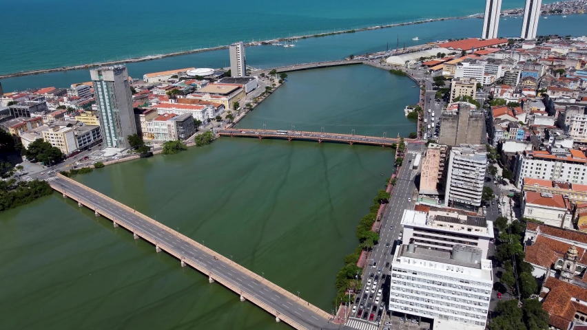 Cityscape of Recife, Pernambuco, Brazil. Aerial view of coast city of Recife state Pernambuco. Brazilian Northeast. Tropical scenery. Travel destination. Cityscape of Recife, Pernambuco, Brazil. 