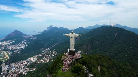 Rio de Janeiro, Rio de Janeiro  Brazil - 03.21.2022 - Panoramic view of Christ the Redeemer postcard at downtown Rio de Janeiro Brazil. Tourism landmark at downtown city.