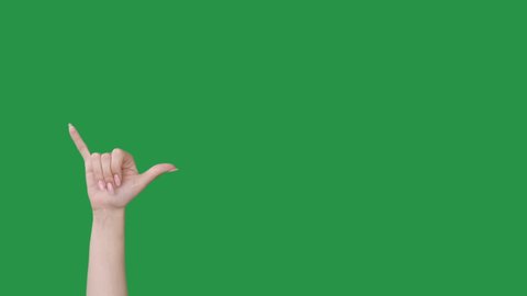 Call gesture. Shaka sign. Hang loose. Ringing phone sign. Female hand showing greeting signal isolated on green chroma key copy space advertising background set of 2.