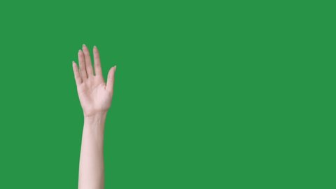 Bye gesture. Farewell goodbye. Leaving adios. So long. Woman hand waving isolated on green chroma key empty space commercial background.